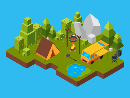 3d isometric landscape with camping in the forest. Outdoor fireplaceのイラスト素材
