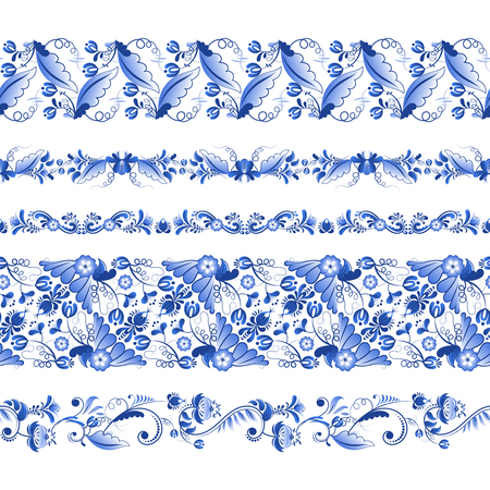 Russian traditional elements. Set of horizontal seamless pattern in gzhel styleのイラスト素材