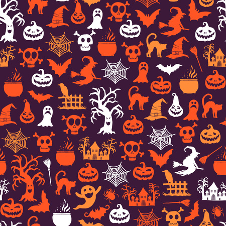 Vector halloween pattern background with witches, pumpkins, ghosts, spiders silhouettesのイラスト素材
