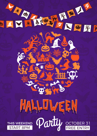 Vector halloween party invitation poster template with circle of witches, pumpkins, ghosts, spiders silhouettes, garlands and place for textのイラスト素材