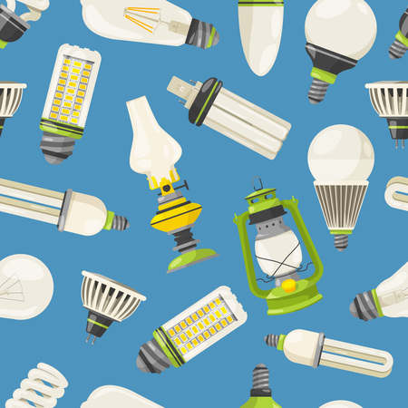 Lamps and different bulbs in cartoon style. Vector seamless patternのイラスト素材