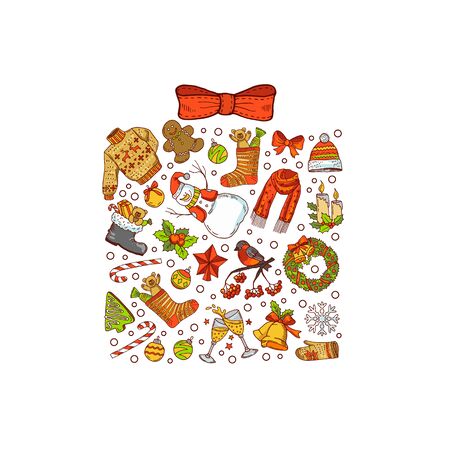 Vector hand drawn colored christmas gift box with bow, made of elements with santa, xmas tree, gifts and bells isolated on white backgroundのイラスト素材