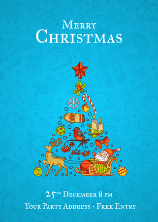 Vector hand drawn Christmas elements with Santa, gifts and bells. Party invitation poster on blue background with Christmas tree.のイラスト素材