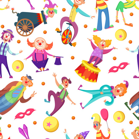 Background for greeting cards. Seamless pattern with funny clowns in cartoon styleのイラスト素材
