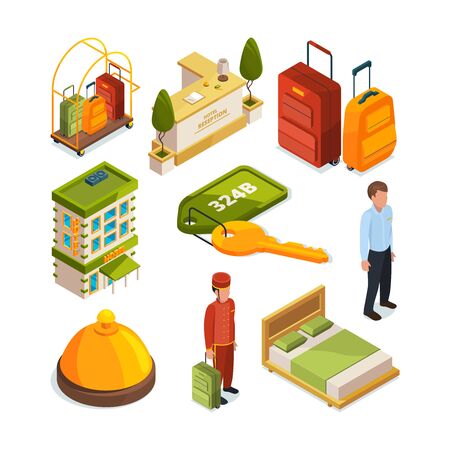 Icons set of hotel services. Isometric illustrations of reception tablesの写真素材