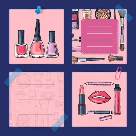 Vector hand drawn makeup products, nail polishes, lipsticksのイラスト素材