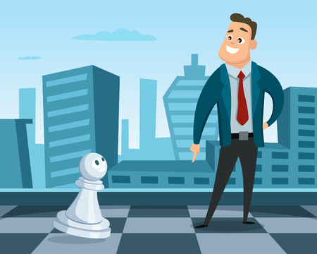Businessman standing on a chess board. Concept illustration of business strategy. Leadership and excellenceのイラスト素材