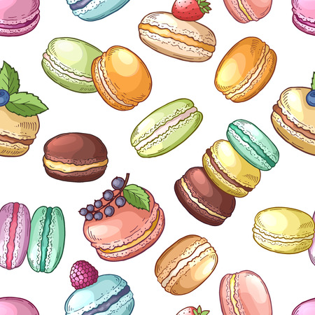 Delicious food of france. Colored macaroons set. Vector seamless patternのイラスト素材