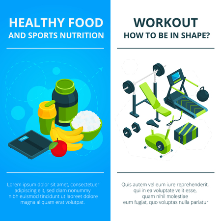 Banners set with illustrations of gym equipment and healthy food. Design template with place for your textのイラスト素材