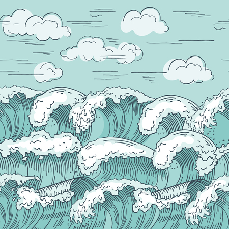 Ocean waves seamless pattern. Hand drawn vector illustrations backgroundのイラスト素材
