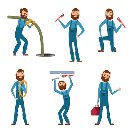 Funny character of repairman or plumber in different poses. Vector mascot designのイラスト素材