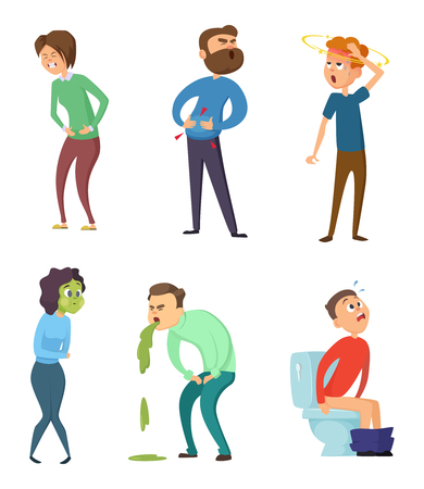 Stomachache poison and diarrhea. Healthcare illustrations. Vector characters setのイラスト素材