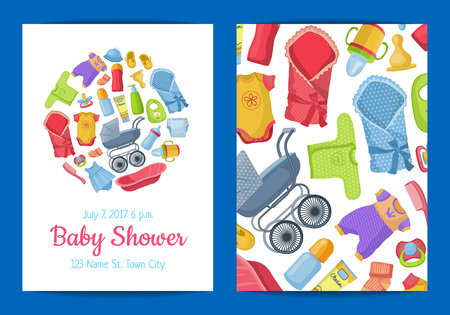 Vector baby shower invitation card template with baby accessoriesのイラスト素材
