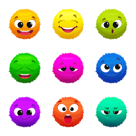 Funny colored furry emoticons. Cartoon characters with different emotions.のイラスト素材