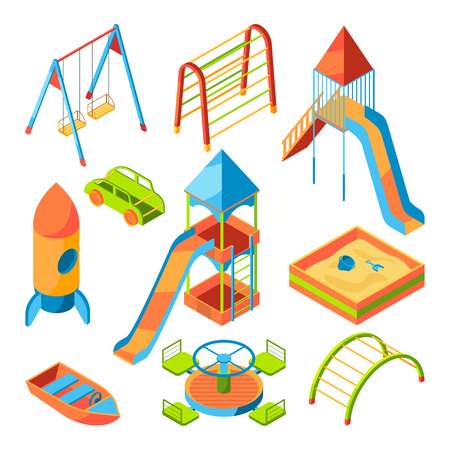 Vector isometric pictures of kids playground with different toysのイラスト素材