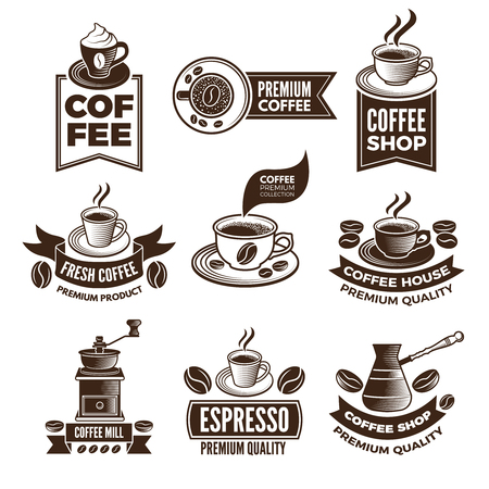 Monochrome coffee labels in retro style. Vector illustrations set with place for your textのイラスト素材