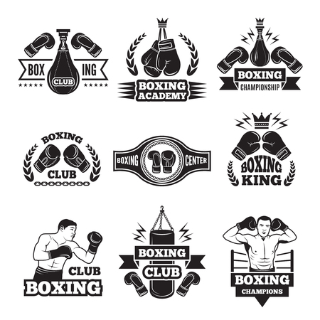 Monochrome labels set for boxing championship. Illustration of gloves and boxer.のイラスト素材