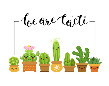 Vector horizontal illustration with frame and a bunch of cacti in pots in flat style and with letteringのイラスト素材