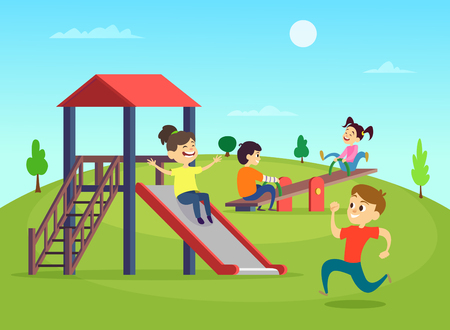 Funny playing kids on playground vector illustrationのイラスト素材