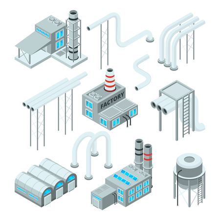 Factory pipe and set of industrial buildings. Isometric style picturesのイラスト素材