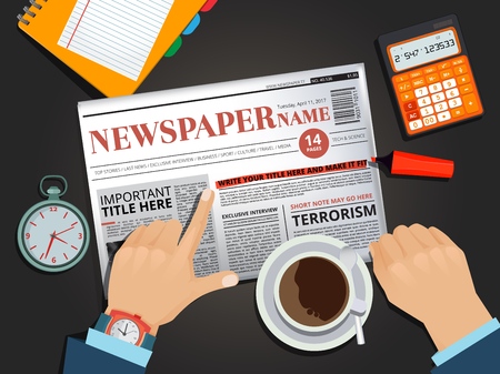 Businessman reading newspaper at the breakfast. Hands pointingのイラスト素材