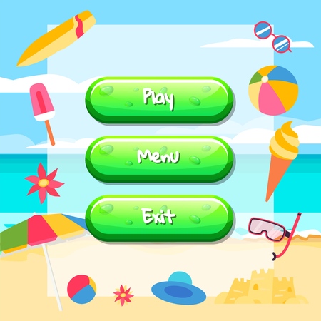 Vector cartoon style buttons with text for game design on beach background with ice cream, surfboard, ball.のイラスト素材