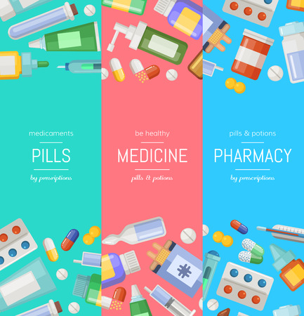 Cartoon pharmacy or medicines vertical vector banner templates. Pharmacy and medicine banner with drugs and pill background illustration.のイラスト素材