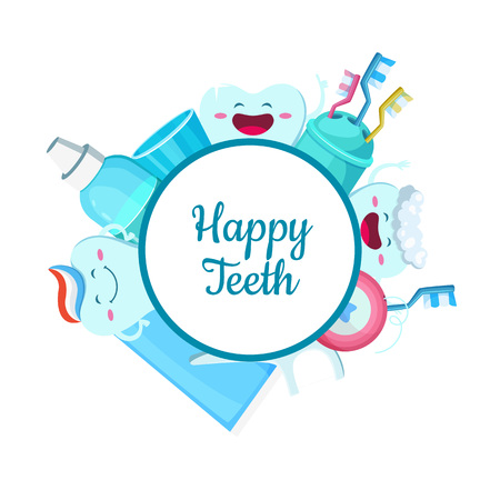 Vector cartoon teeth hygiene elements around circle with place for textのイラスト素材