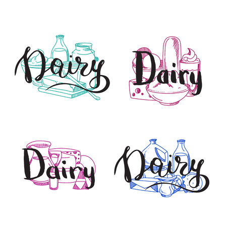 Vector piles of milk products set with dairy letterings above them illustrationのイラスト素材