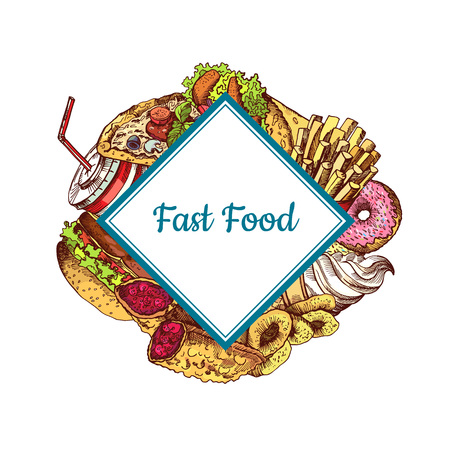Vector hand drawn colored fast food elements gathered under squared rectangle illustration isolated on plain backgroundのイラスト素材