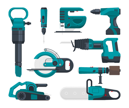 Construction electro tools for repair. Vector pictures in flat style. Screwdriver and equipment drill and power saw electric illustrationのイラスト素材