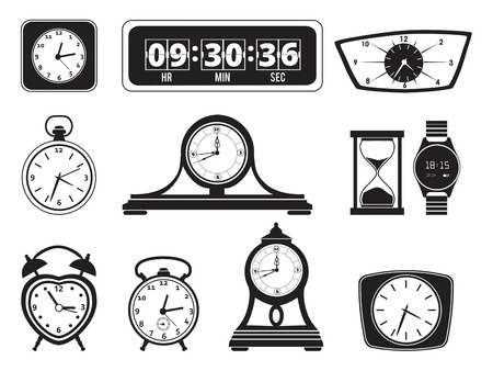 Monochrome illustrations of different clocks. Alarm and bellsのイラスト素材