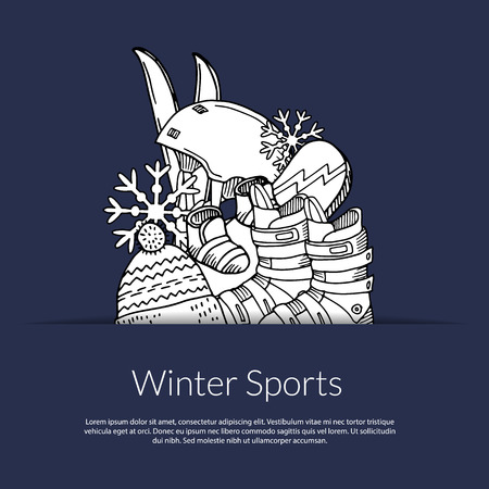 Vector hand drawn winter sports equipment and attributes in pocket illustration with place for text.のイラスト素材