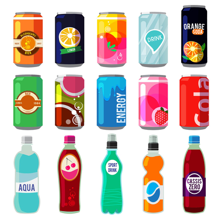 Illustration of different drinks in metallic cans and bottles. Vector pictures in retro styleのイラスト素材