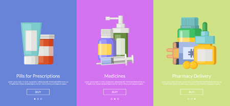 Vector online pharmacy slideshow template cards for buying medicines illustrationのイラスト素材