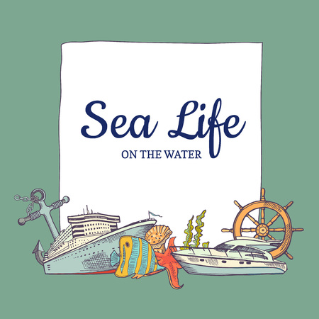 Vector sketched sea elements pile below frame with place for text illustrationのイラスト素材