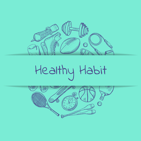Vector hand drawn sports equipment gathered in circle under ribbon on plain background with place for text illustrationのイラスト素材