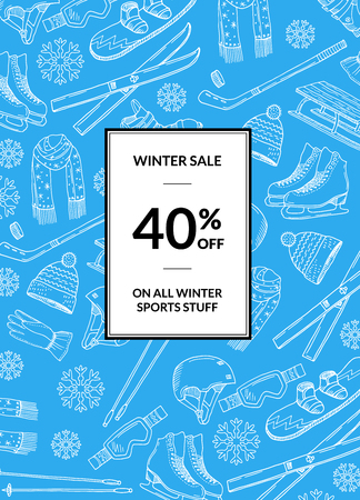 Vector hand drawn winter sports equipment and attributes sale poster for shop with place for text illustrationのイラスト素材