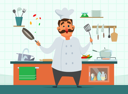 Chef cooking on the kitchen. Vector character in cartoon styleのイラスト素材