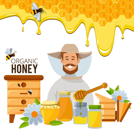 Vector poster template of apiary theme. Illustrations of bee an honey. Bee and honey, honeycomb and beekeepingのイラスト素材
