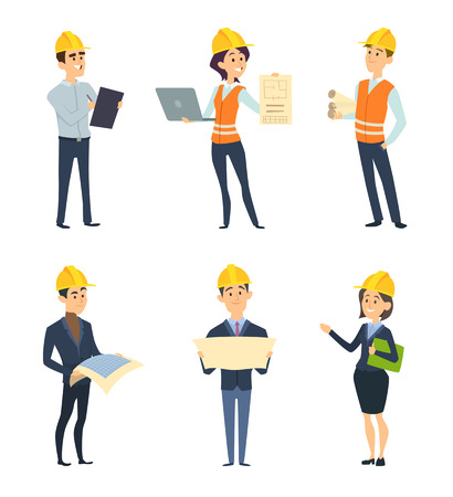 Industrial workers. Male and female architect and engineering. Vector worker construction, female and male engineering and builder character illustrationのイラスト素材