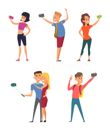 Different funny characters make selfie on their smartphonesのイラスト素材