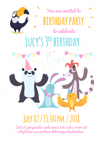 Design template of invitation to kids party. Illustrations of funny animalsのイラスト素材