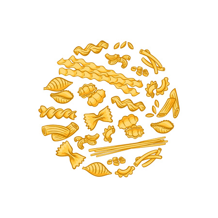 Vector cartoon pasta types circle flame badge and label concept illustrationのイラスト素材