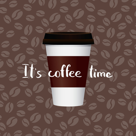 Vector coffee in paper cup with lettering on coffee beans background illustration. Banner with cup paper coffeeのイラスト素材