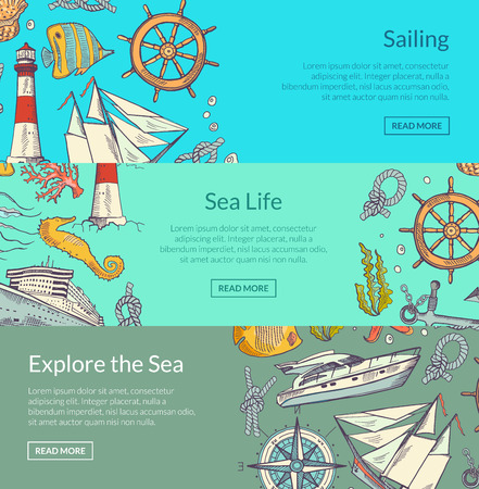 Vector sketched sea horizontal banner poster of set templates illustrationのイラスト素材