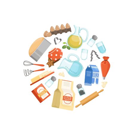 Vector cooking ingredients or groceries circle concept illustrationのイラスト素材