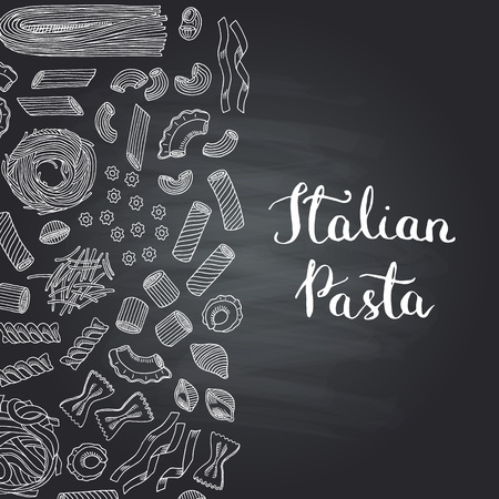 Vector hand drawn pasta types on chalkboard illustration.のイラスト素材