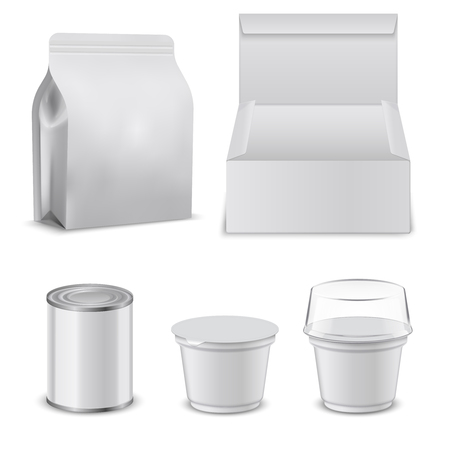 Blank template of food boxes and plastic containers. Design mockup of packages. Vector package and plastic container for food illustrationのイラスト素材