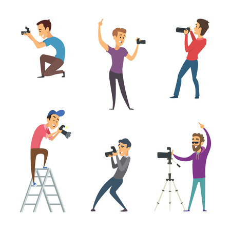 Photographers make photos. Set of funny characters isolate on white. Photographer character with camera, man photography professional. Vector illustrationのイラスト素材